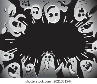 Monochrome ghost apparition spook horror set. Cartoon character cute ghost group different styles and gestures. Shadow funny.  ghost sheet for halloween character design. Isolated vector illustration.