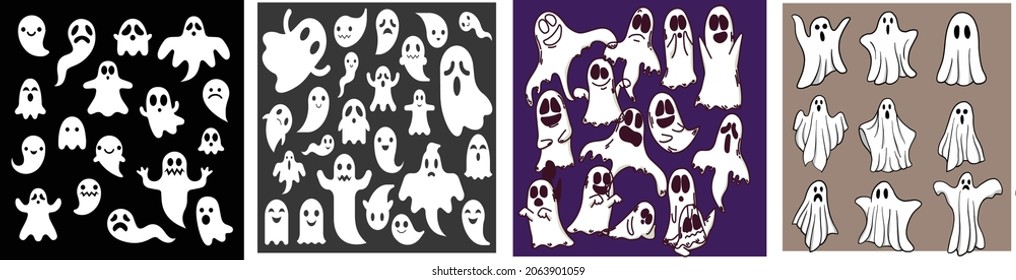 Monochrome ghost apparition spook horror set. Ghost shadow funny, set of cute ghost creation kit,