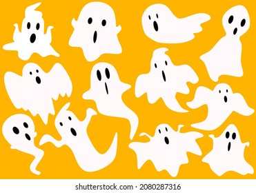 Aparición fantasma monocroma sacudió el escenario de horror. Sombra fantasma graciosa. hoja fantasma para el diseño de caracteres de halloween. Ilustración vectorial aislada sobre fondo naranja