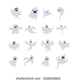 Monochrome ghost apparition spook horror set. Ghost shadow funny. ghost sheet for halloween character design. Isolated on white vector illustration.