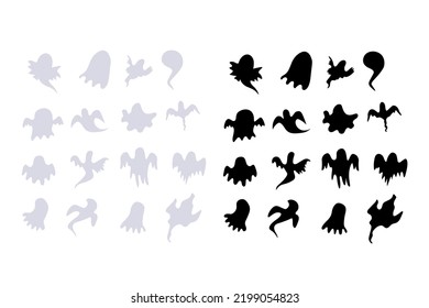 Monochrome ghost apparition spook horror set. Ghost shadow funny. ghost sheet for halloween character design. Isolated on white vector illustration.