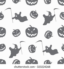monochrome ghosts and pumpkins on a white background seamless pattern