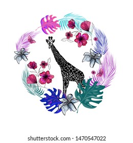 monochrome giraffe and colorful flowers on white background, design for textile texture, vector illustration