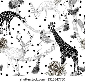 monochrome girrafes, deers, butterflies, chain elements, palm leaves on black dots background, seamless vector pattern