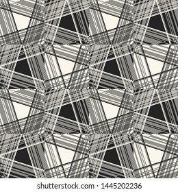Monochrome Glitch Stroke Tile Check Graphic Motif. Seamless Pattern.