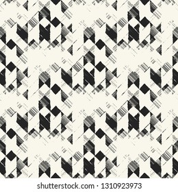 Monochrome Glitch Textured Broken Geometric Graphic Motif. Seamless Pattern.