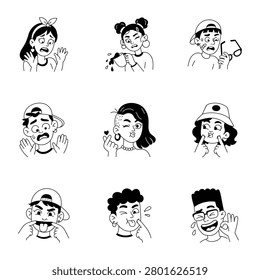Monochrome glyph icon collection featuring flustered, disgusted, panicked, puzzled, playful, and emotional facial expressions with stylized cartoon characters. 