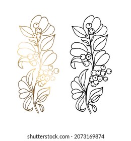 Monochrome and golden branches with small berries isolated on a white background. Hand-drawn black and white vector illustration of large leaves, small apples. For print and web pages