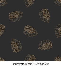 Monochrome golden seamless pattern with hand drawn crystals on black background. Vector illustration.