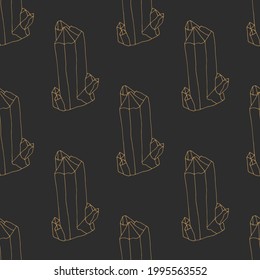 Monochrome golden seamless pattern with hand drawn crystals on black background. Vector illustration.
