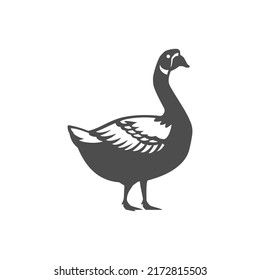 Monochrome goose vintage black silhouette icon vector illustration. Agricultural farming bird with feathers isolated. Countryside village rural market. Healthy meat organic food industrial production