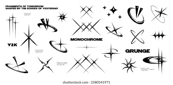 Monochrome gothic brutalism stars, traces, seals, runes, symbols. Gothic style in volumetric monochrome execution. Retro Futuristic stars and tribal elements. Acid y2k shapes for album cover. Vector