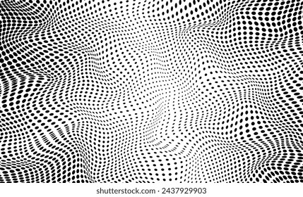 Monochrome gradient background. Wavy halftone optical effect. Abstract texture with dots. Spotted dot pattern. Black white banner. Futuristic pop art print. Vector illustration.