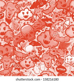 Monochrome graffiti cartoon bizarre funky characters seamless freak texture. Pattern, wallpaper from doodles.