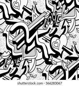 monochrome graffiti lines and heart on a white background seamless pattern vector illustration