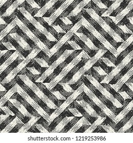 Monochrome Grain Stroke Textured Broken Striped Maze Graphic Motif. Seamless Pattern.