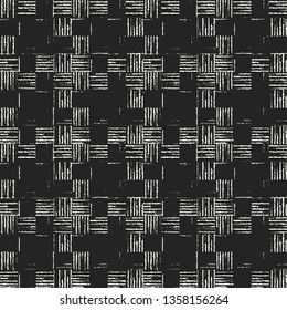 Monochrome Grain Stroke Textured Subtle Checked Background. Seamless Pattern. 