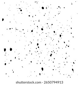 Motif granuleux monochrome de gouttelettes noires. Des éclaboussures d'encre noire sur fond blanc. Texture grunge de points noirs, éclaboussures, taches et taches. La main ne tire pas d'air. Image vectorielle illustrée clip art.