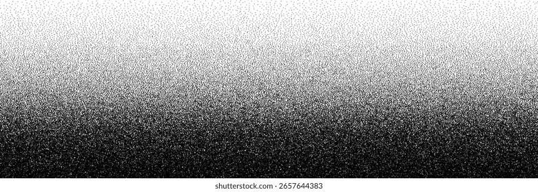 Gradiente de textura granulada monocromática con ruido negro denso que se desvanece en blanco, ideal para fondos grunge, efectos de película y superposiciones de diseño vintage