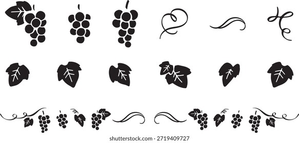 Monochrome Grape Icon Set | Fruit Silhouette and Decorative Elements