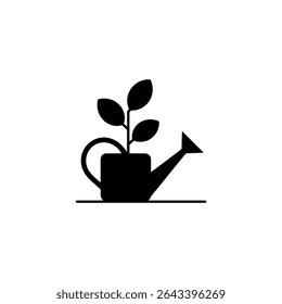 A monochrome graphic features a black watering can with a green plant sprouting from it. The illustration is simple with clear lines on a white background.