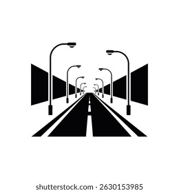 Monochrome graphic featuring a road with white stripes and evenly spaced street lamps on either side disappearing into the distance, framed by angled shapes.
