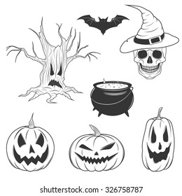Monochrome graphic halloween object set