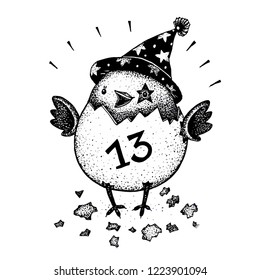 
Monochrome graphic hand drawn magic chick hatched from an egg number thirteen isolated on white background
