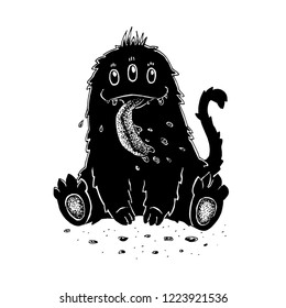 
Monochrome graphic hand drawn three-eyed cute drooling monster with long tongue isolated on white background.
