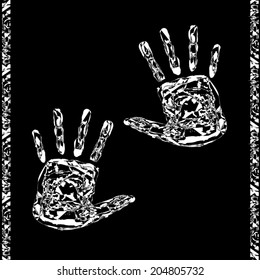 Monochrome graphic hand print - two hands on black background