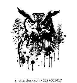 Monochrome graphic portrait of an owl in the forest. Abstraction trees and owl. Print for t-shirt or tattoo, graffiti style. Vector illustration