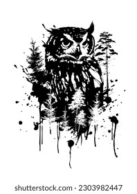 Monochrome graphic portrait of an owl in the forest. Abstraction trees and owl. Print for t-shirt or tattoo, graffiti style. Vector illustration