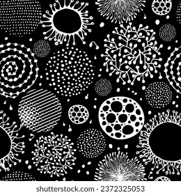 Monochrome graphic seamless background with dots and graphic elements. hand drawing. Not AI, Illustrat3. Vector illustration