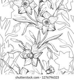 Monochrome graphic seamless pattern with hand drawn flowers daffodils. Black and white manual graphic on white background. Design for textile, fabric, wallpaper, packaging. Vector Illustration