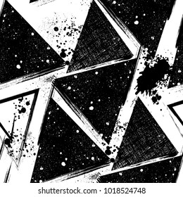 Monochrome graphic seamless pattern with textured hand drawn with ink triangles
