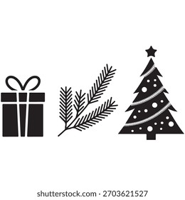 A monochrome graphic set of holiday elements includes a wrapped gift a pine bough and a christmas tree