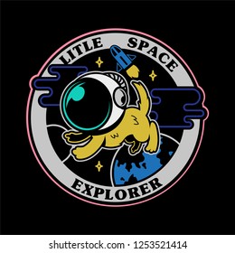 monochrome graphic vintage icons embroidered patches stickers pins with first little dog astronaut in space explorer . Modern vector mascot logo trendy print for clothes t shirt sweatshirt poster kids