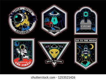 monochrome graphic vintage set icons patches stickers pins on topic space explore alien ufo spaceship mars astronaut. Modern vector mascot logo trendy print for clothes t shirt sweatshirt poster kids