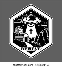 Monochrome graphic of vintage sticker patch pin print for clothes t shirt poster with UFO of alien invaders from space above farm countryside conspiracy story. Cartoon illustration logo design.
