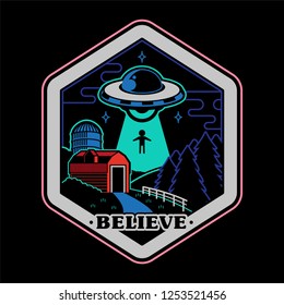 Monochrome graphic of vintage sticker patch pin print for clothes t shirt poster with UFO of alien invaders from space above farm countryside conspiracy story. Cartoon illustration logo design.
