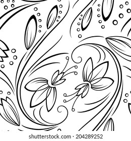 Monochrome graphics black-and-white seamless pattern with stylized flowers