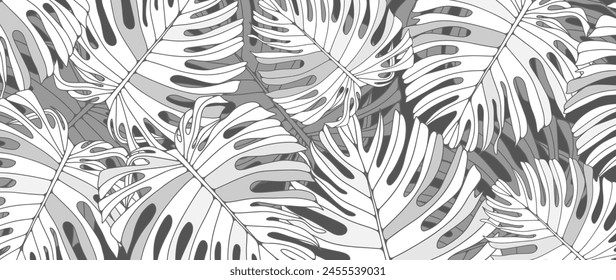 Monochrome gray botanical vector background with monstera leaves. Tropical black and white background, wallpaper, poster, banner or cover design.