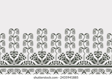 Monochrome gray ethnic floral embroidery pattern. Vector abstract ethnic floral embroidery geometric monochrome seamless pattern. Use for textile border, tablecloth, table runner, wallpaper, cushion.