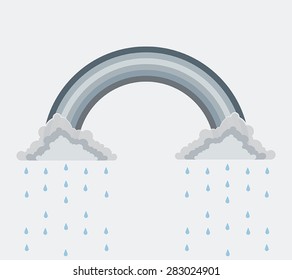 A monochrome gray full-arc rainbow over two lumpy rain clouds.