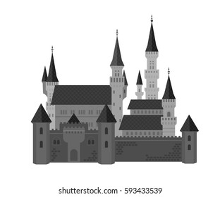 Monochrome gray Gothic castle. Vector flat illustration.