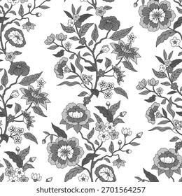 Patrón inconsútil jacobeo gris monocromo con flores y hojas dibujadas a mano sobre fondo blanco. Fondo de pantalla de repetición floral boho con adorno de chintz indio. Ilustración vectorial