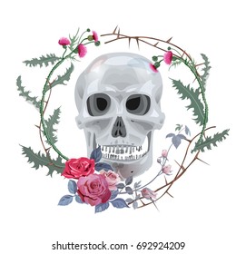 Monochrome gray skull with frame: thistle, red roses (bouquet, flowers, buds, leaves), prickly branches on white background. Vector illustration, watercolor style. Concept for Halloween. Digital draw.