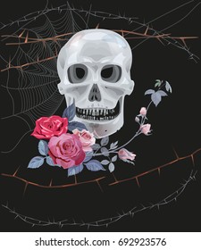 Monochrome gray skull, web, branches with spikes and red roses (bouquet, flowers, buds and leaves) on black background. Vector illustration, watercolor style. Concept for Halloween. Digital draw.