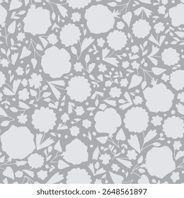 Monochrome gray and white ditsy floral silhouettes seamless pattern. Hand drawn nature backdrop with tiny flowers. Doodle blooms and leaves texture.