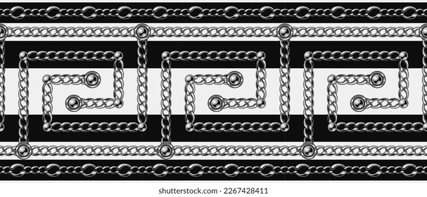Monochrome greek pattern border with silver chains, beads. Black and white colors, horizontal stripes. Traditional ancient greek border ornament.